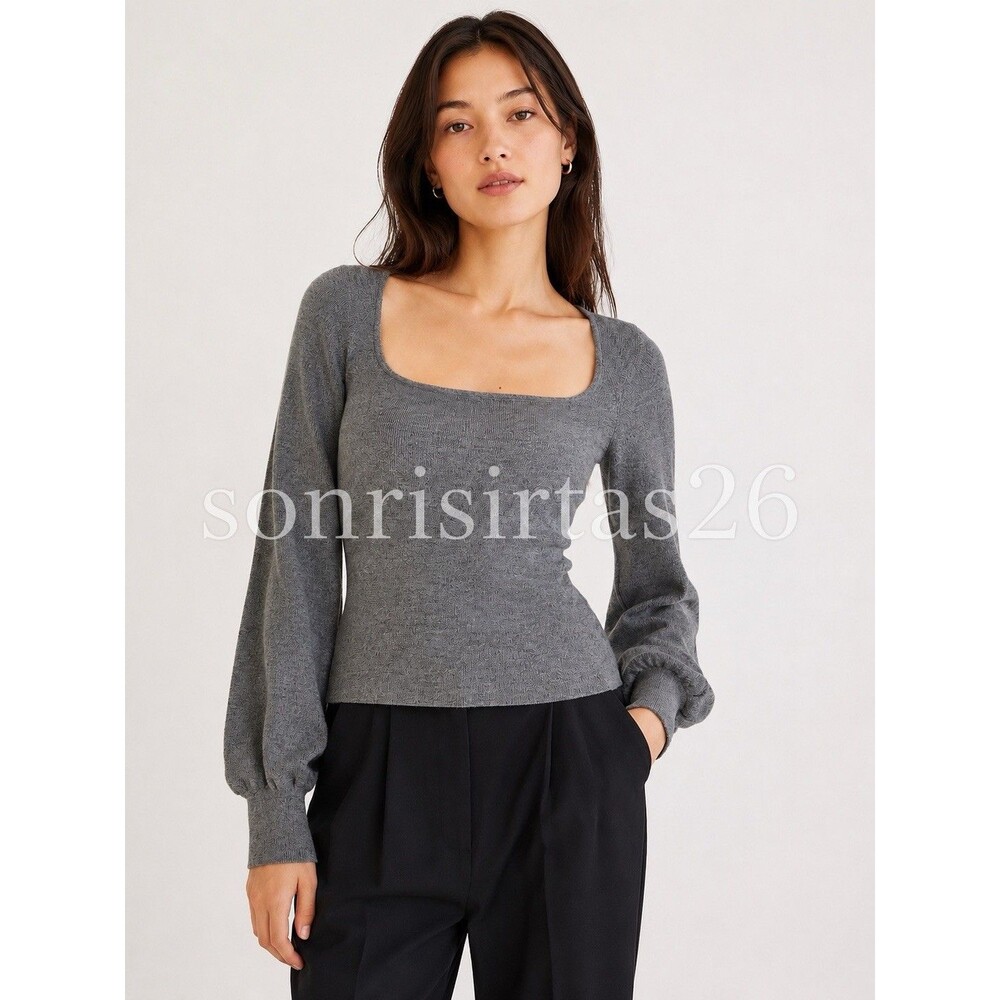 & Other Stories Los Angeles Atelier Wool Cotton Knit Top Gray XS Puff Sleeve